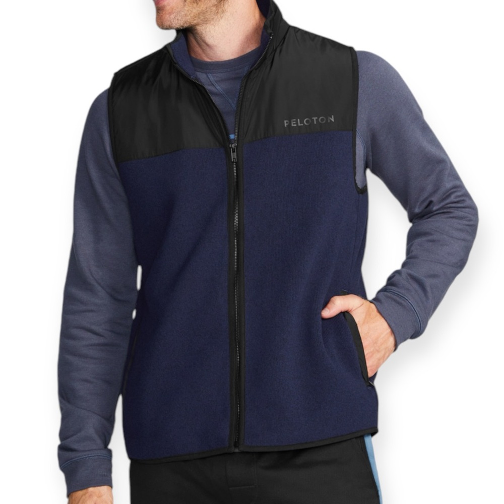 PELOTON Men’s FLEECE VEST EUC size M Zip Front Black and Navy Workout Cycle